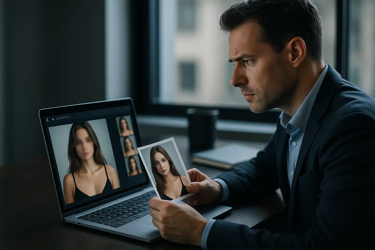 Blurred laptop with an AI image editor and a warning icon illustrating nonconsensual AI image generation risks