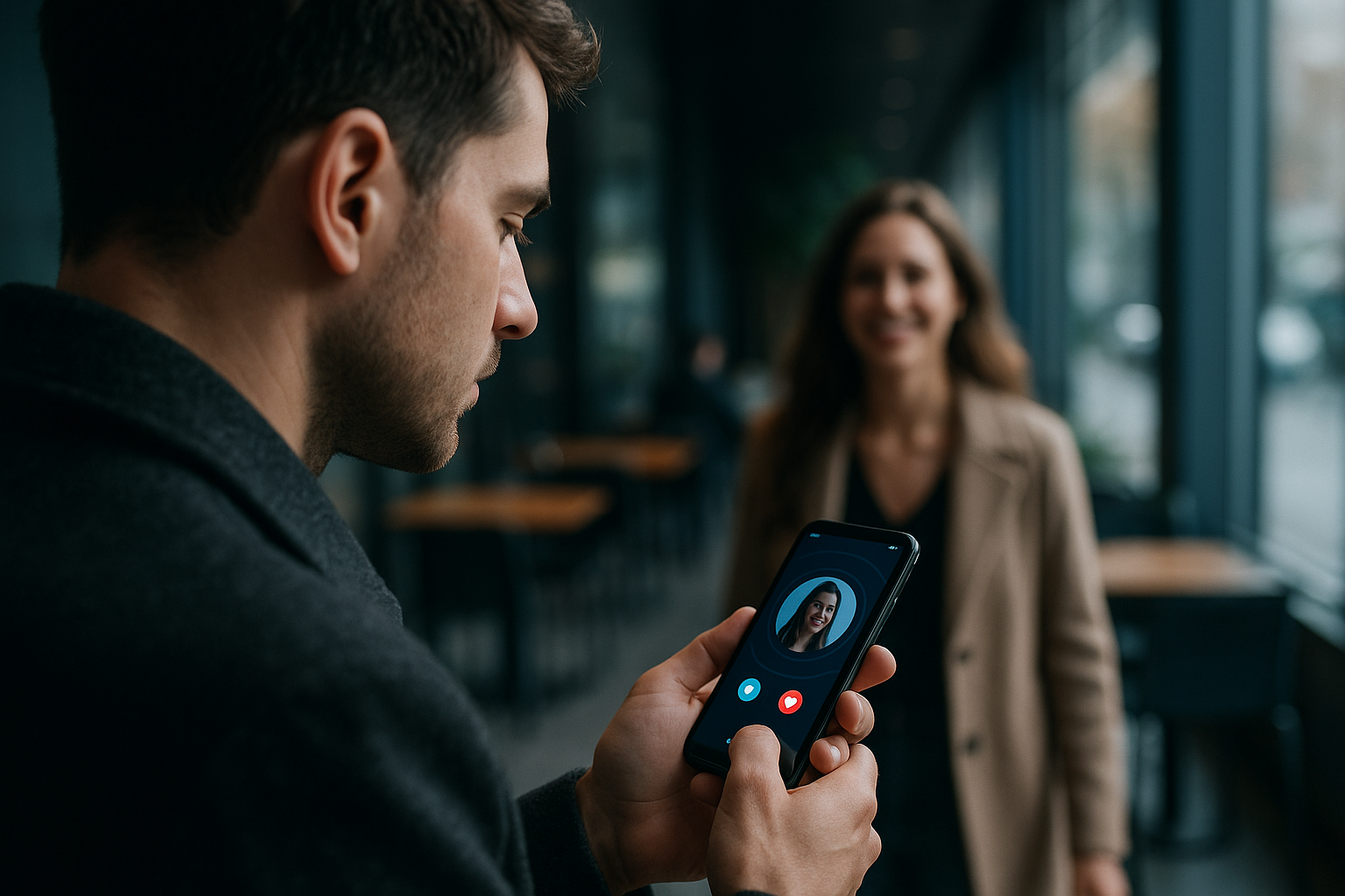 Graphic of dating app UI and couples illustrating AI dating trends 2025 and nudges to meet in person