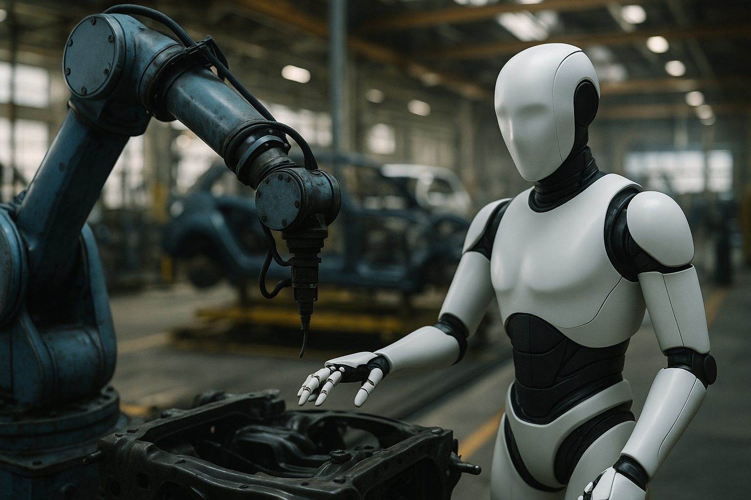 Factory humanoid robot using Gemini Robotics industrial humanoid control to pick and place parts on an auto production line
