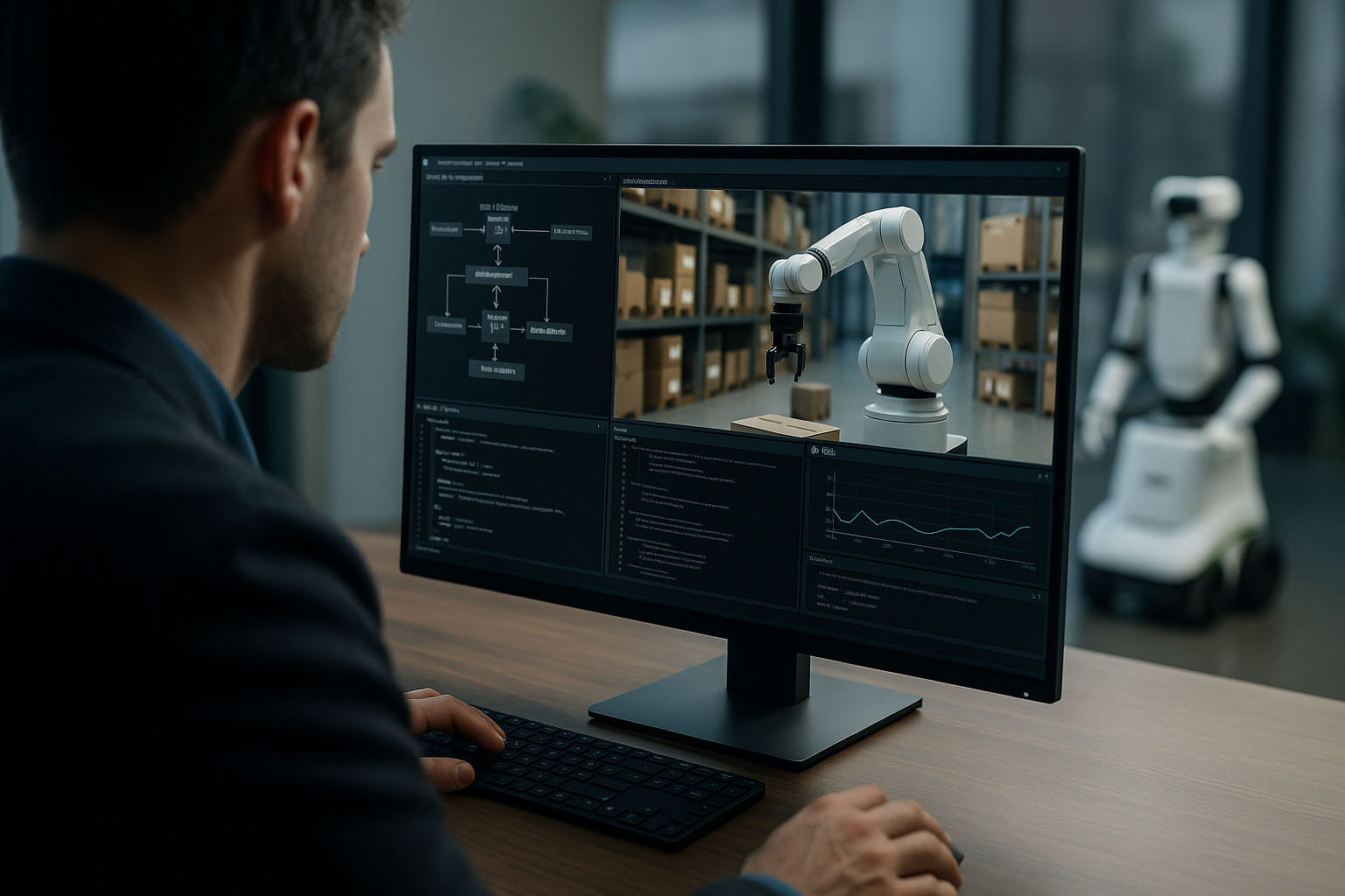 Robotic arm in a simulated environment illustrating synthetic data generation workflows for robotics using NVIDIA Isaac Sim and OSMO