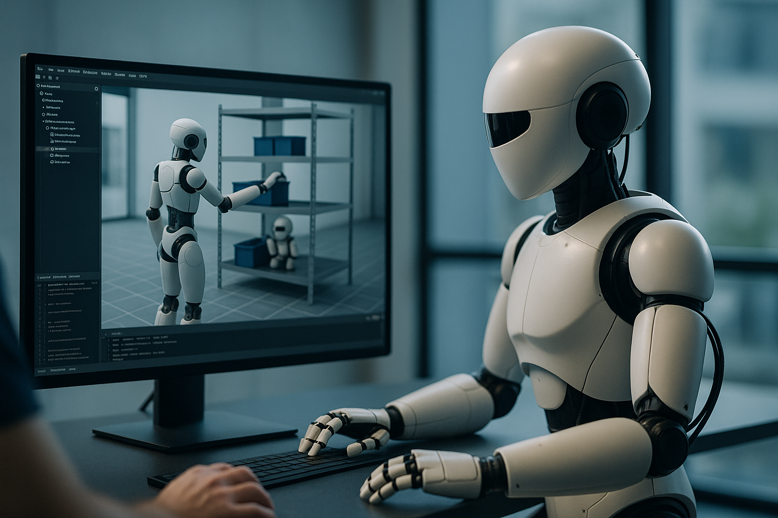 High-fidelity simulation scene showing synthetic data generation for robotics using NVIDIA Isaac Sim and Omniverse Replicator