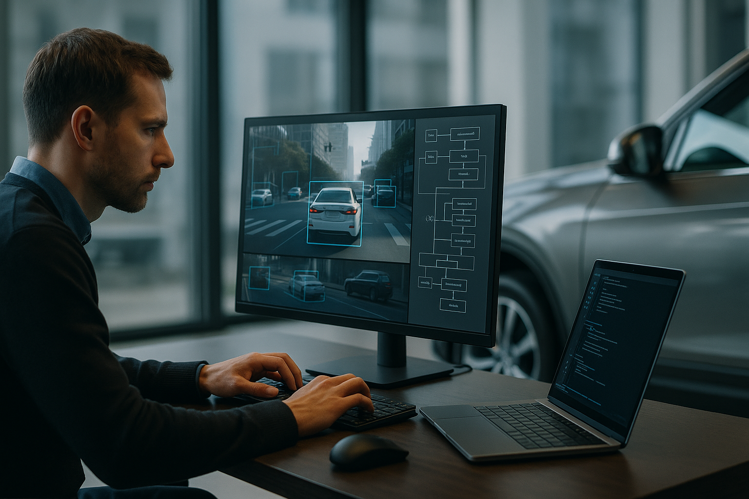 Multi-camera urban driving scene with predicted trajectory and reasoning traces from NVIDIA Alpamayo VLA models