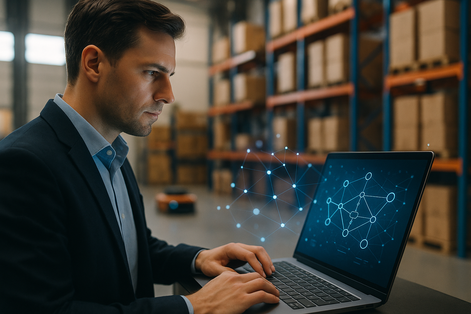 Overhead warehouse floor with robots, pickers and smart shelves shown in a digital twin dashboard illustrating multi-agent AI for warehouse operations