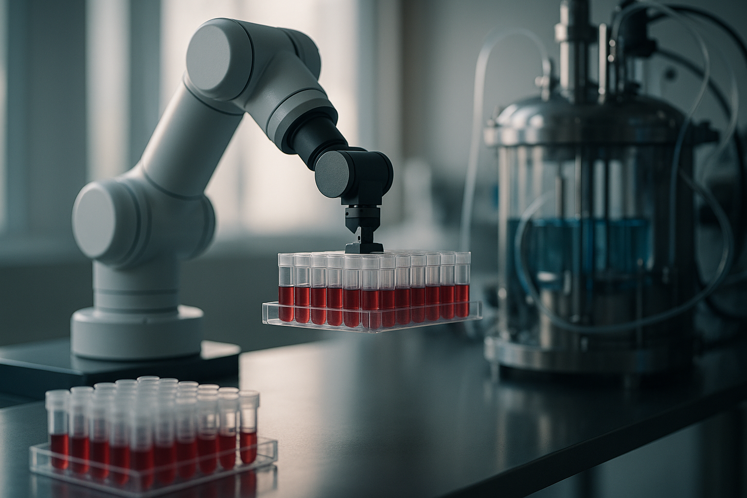 Multiply Labs robotic cluster demonstrating robotic cell therapy manufacturing with collaborative robot arms in a GMP-compatible setup