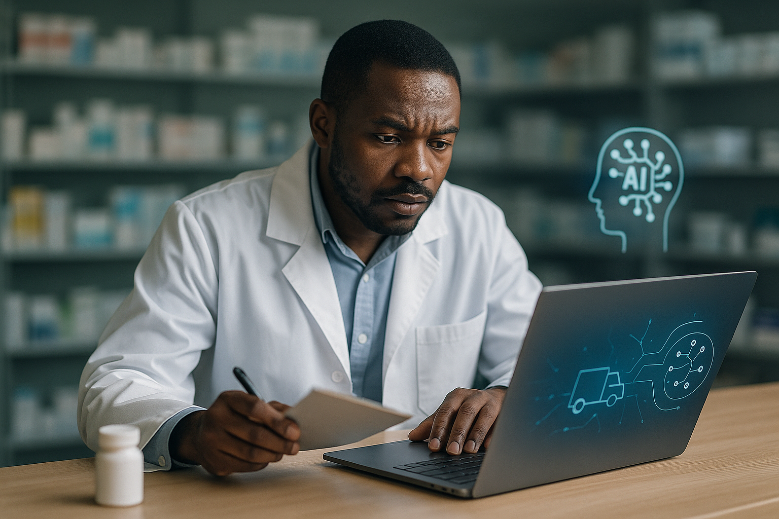 Chemist tablet showing AI-powered pharmacy platforms in Kenya dashboard with inventory forecasting, credit signals and last-mile routing