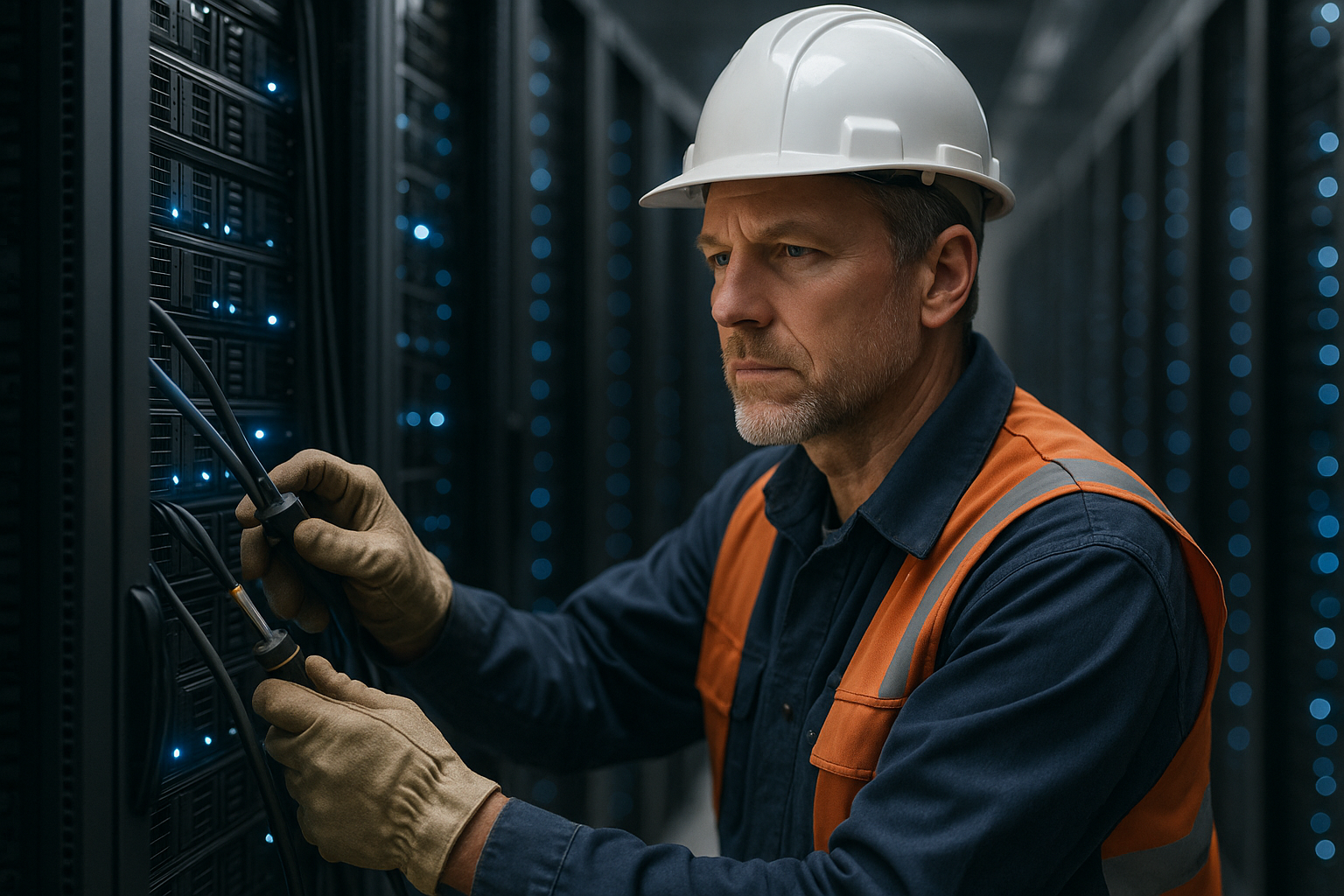Electricians and HVAC techs installing high-voltage switchgear and cooling systems in a data center, illustrating the data center electrician shortage