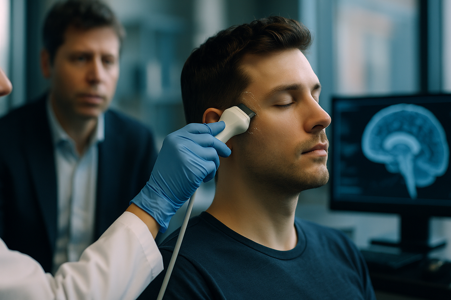 Researchers demonstrating ultrasound-based brain-computer interfaces research by Merge Labs with OpenAI collaboration