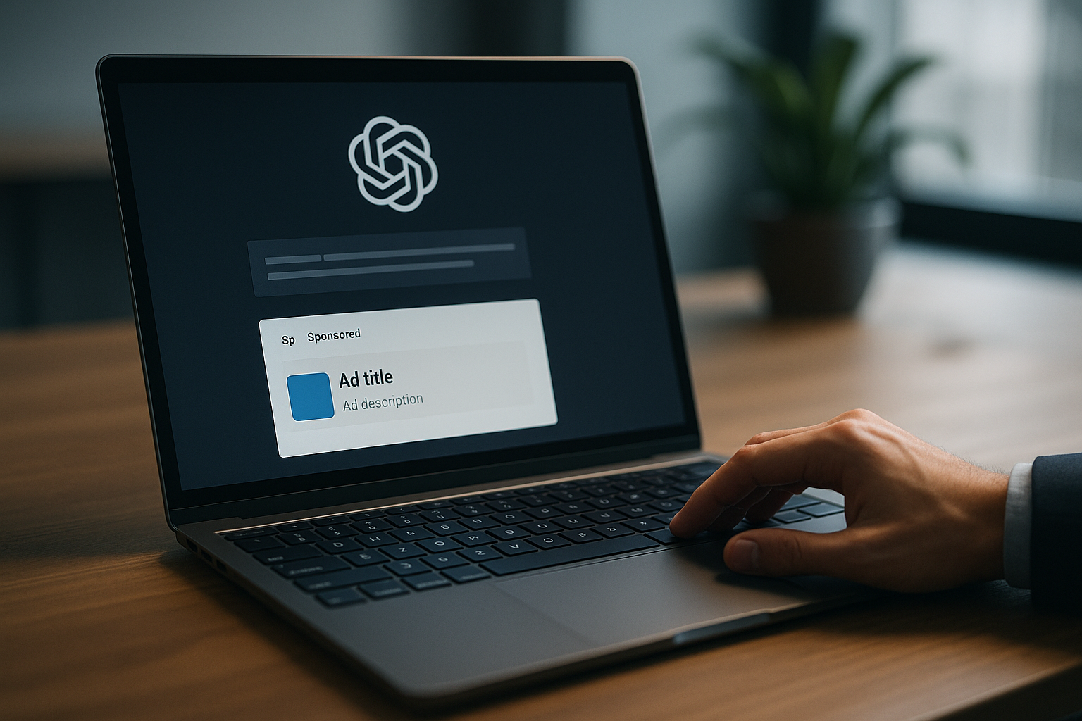 ChatGPT advertising model mockup showing a clearly labeled sponsored response above organic answers in a conversation view