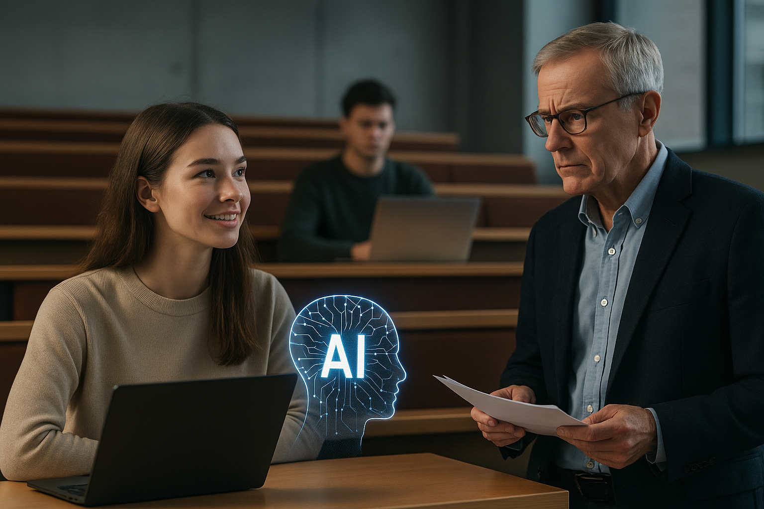 University classroom with students using laptops and an on-screen AI assistant illustrating generative AI in higher education