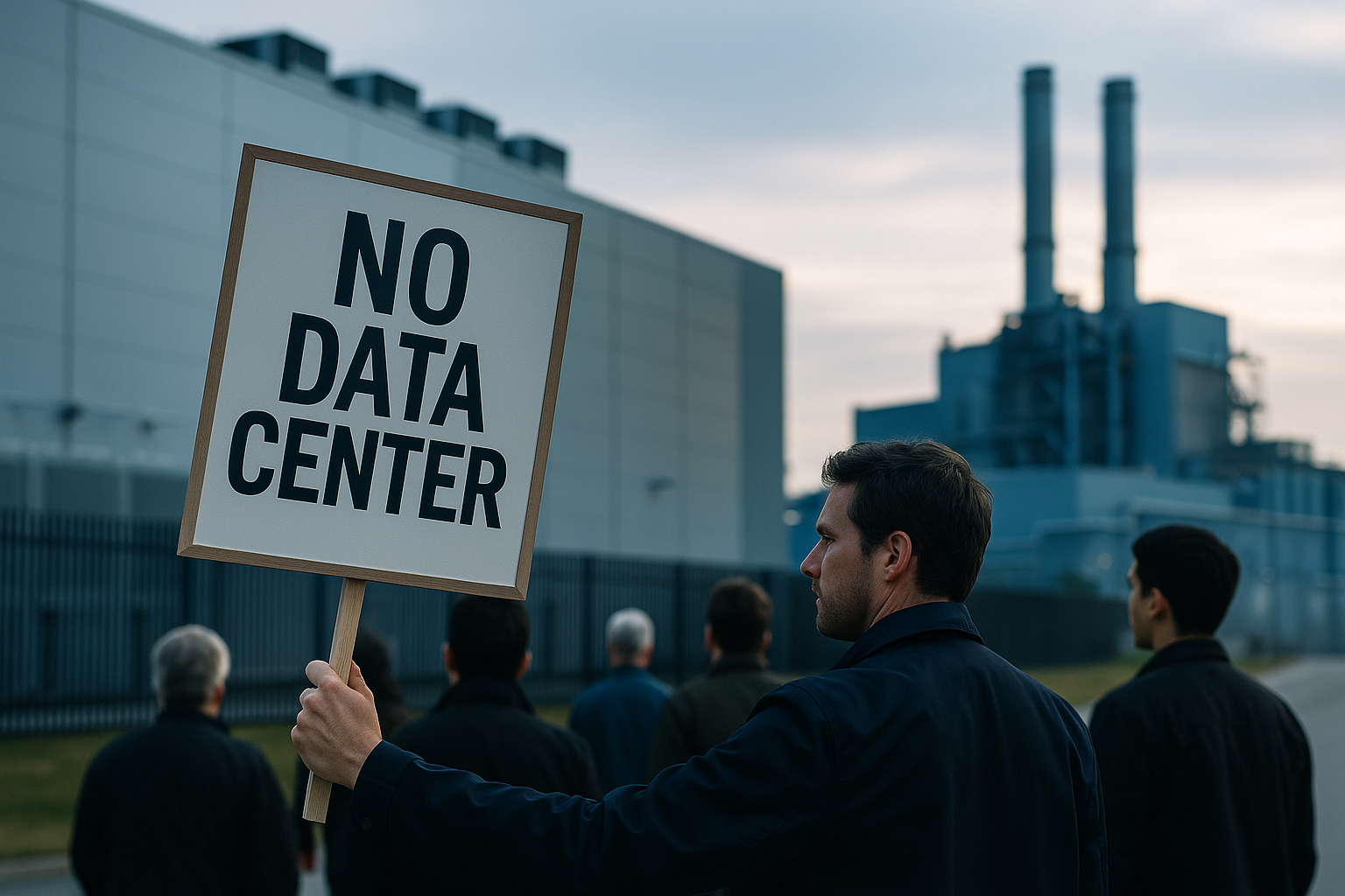Residents protesting a proposed site illustrating data center community opposition over water and power use