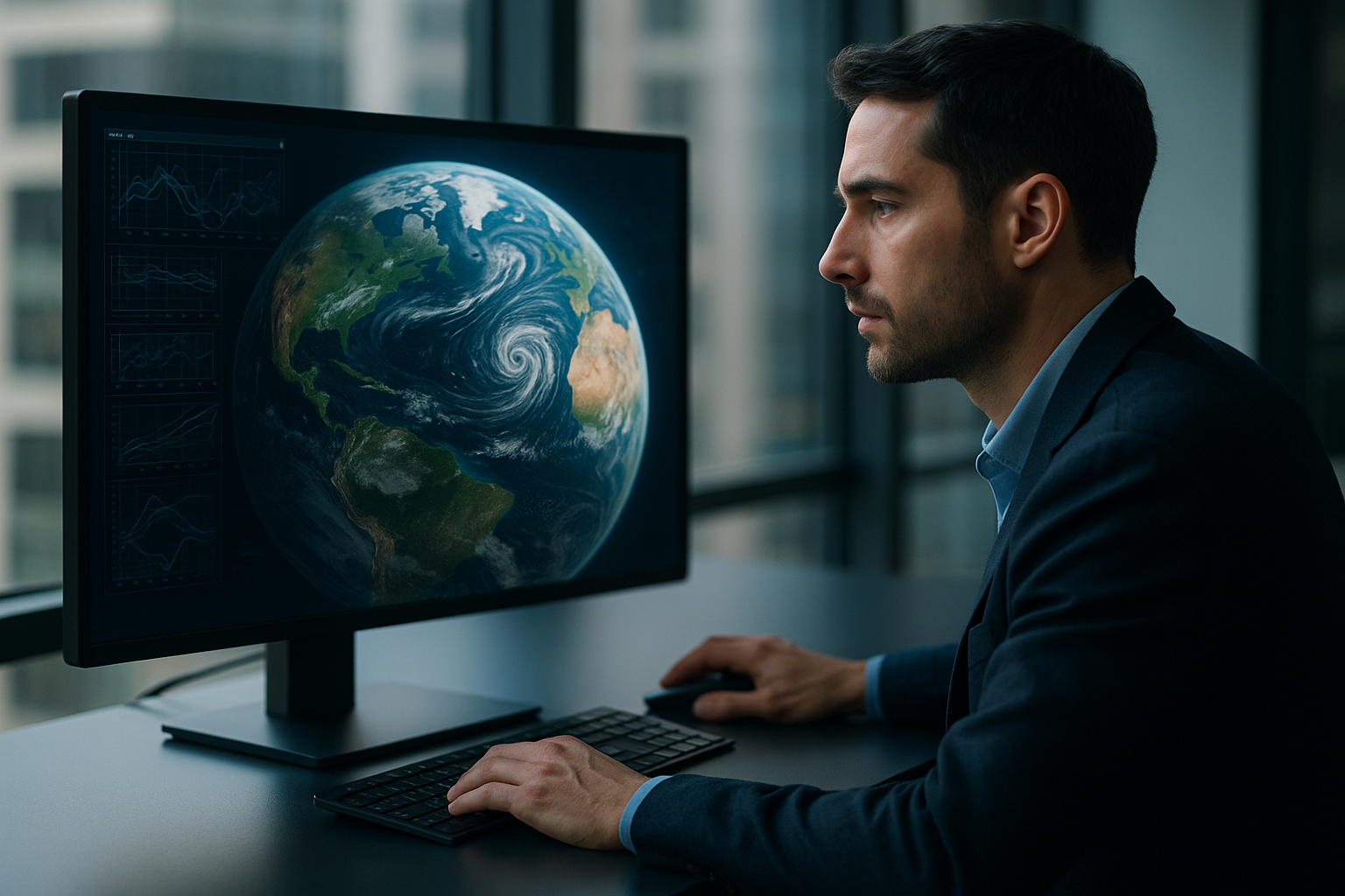 Global 3D visualization of Earth with layered storms and regional storm cells showing outputs from NVIDIA Earth-2 open AI weather platform