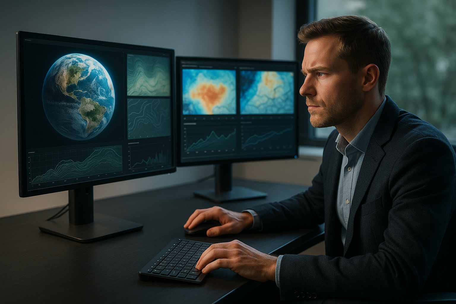 AI-powered climate downscaling visualization converting coarse CMIP6 inputs into kilometer-scale precipitation and temperature fields for local planning