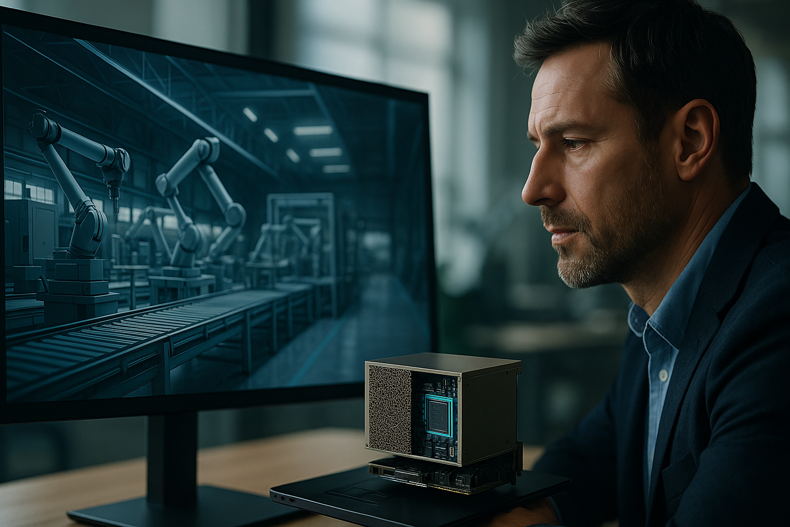 Photorealistic digital twin of a factory floor in Omniverse illustrating the industrial AI tech stack with live sensor data and AI insights