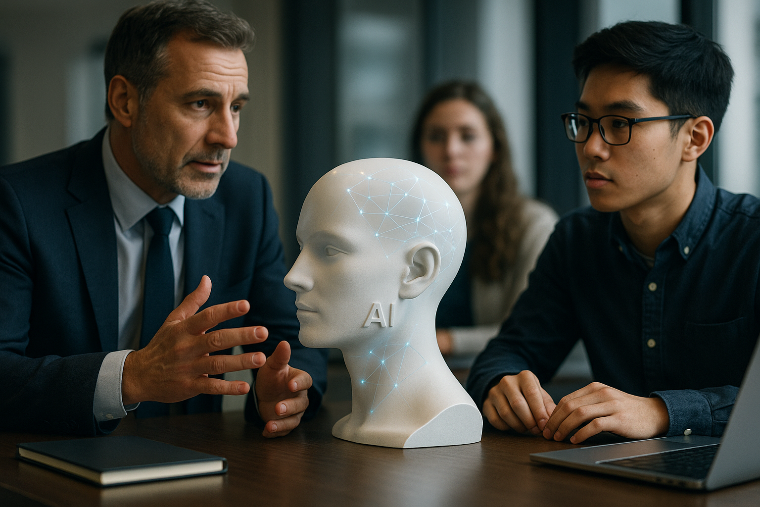 Split view of boardroom and classroom illustrating AI adoption and governance trends for businesses and students