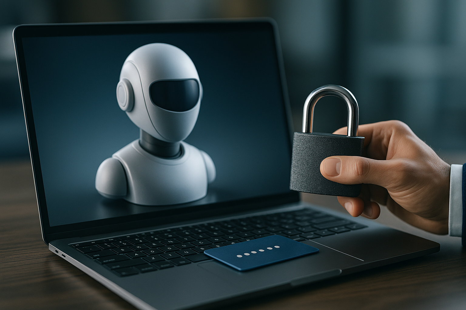 Abstract chatbot overlaid with a padlock illustrating secure AI assistants for businesses and keeping passwords out of chat