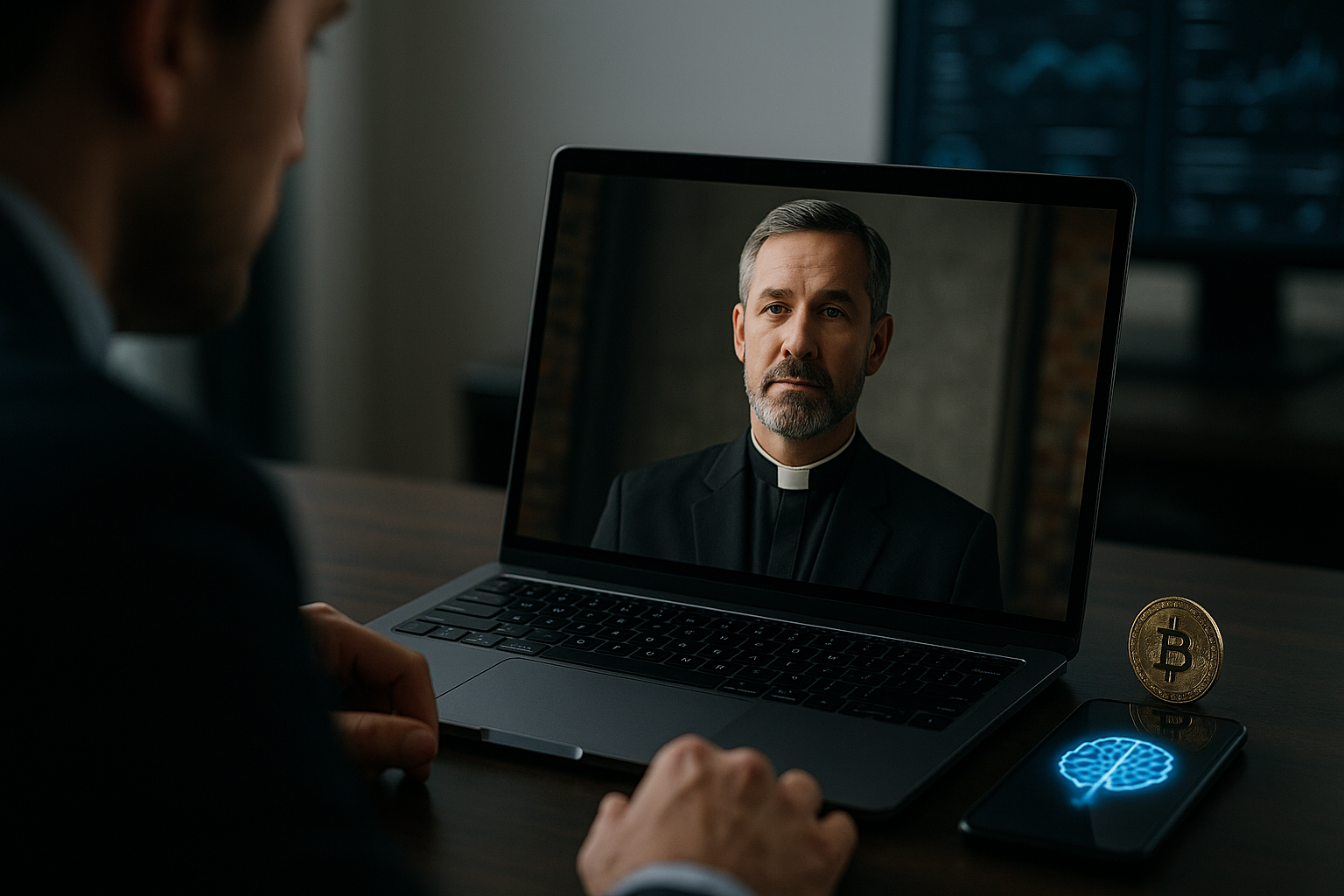 Illustration of deepfake pastor scams showing an AI-generated pastor video on a smartphone used to solicit donations