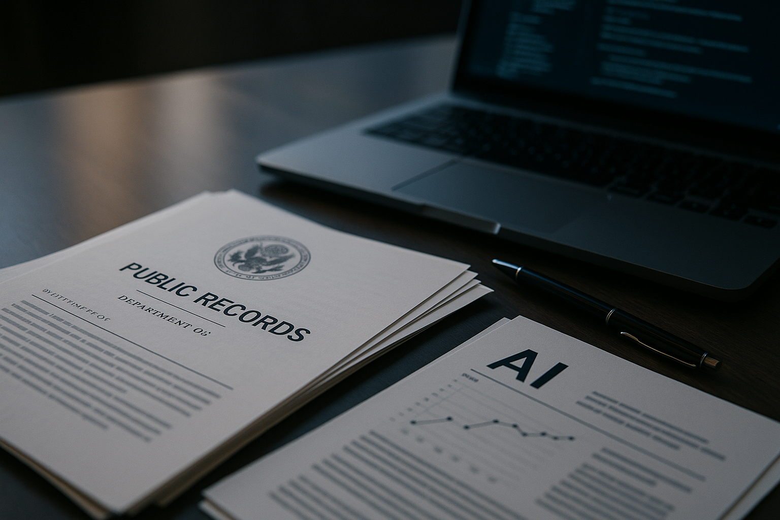 Abstract illustration of federal data flows overlaid on a government building, illustrating HHS Palantir AI grants investigation