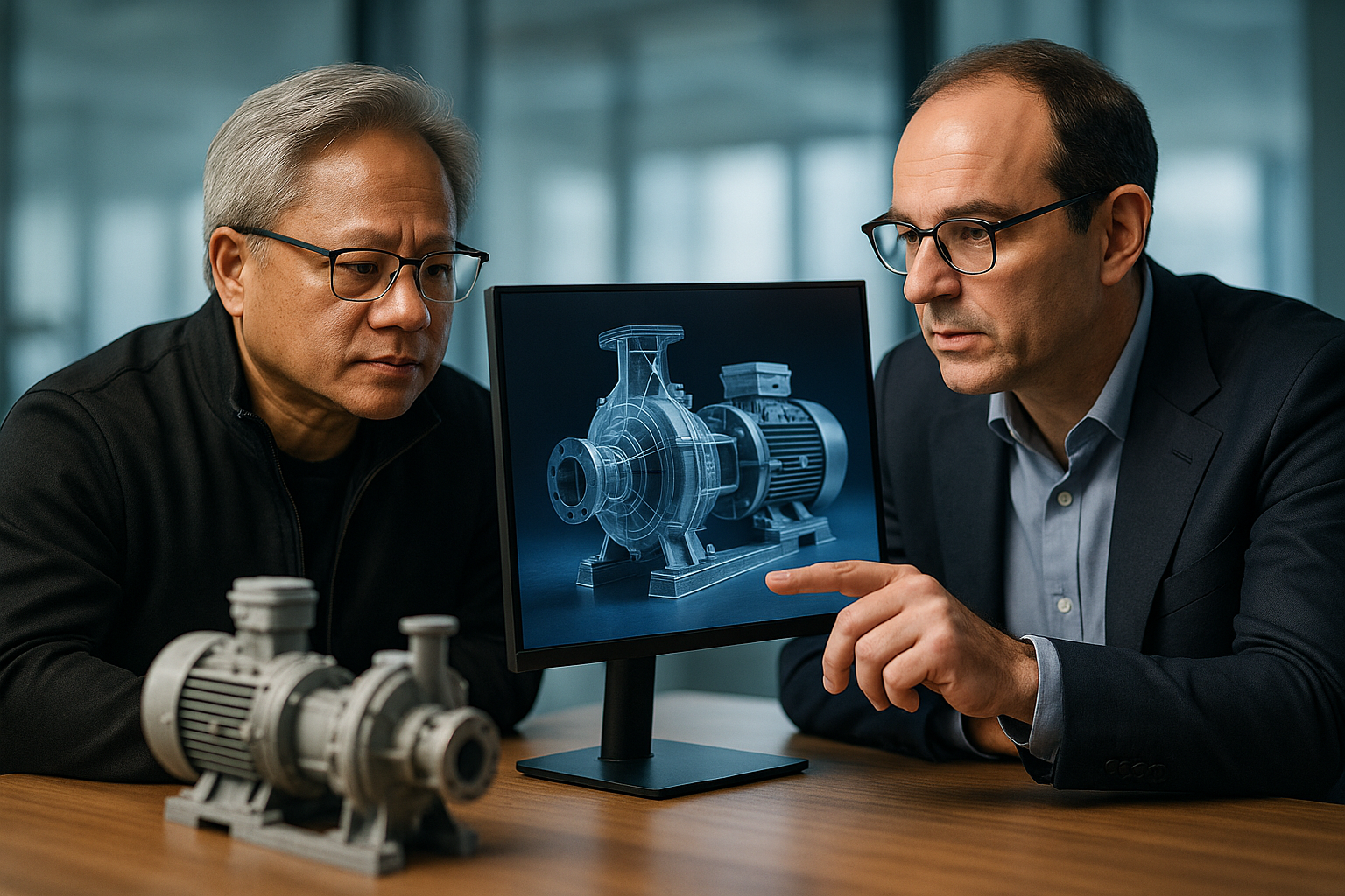 Engineers examining an industrial virtual twin platform visualization of a reconfigurable factory