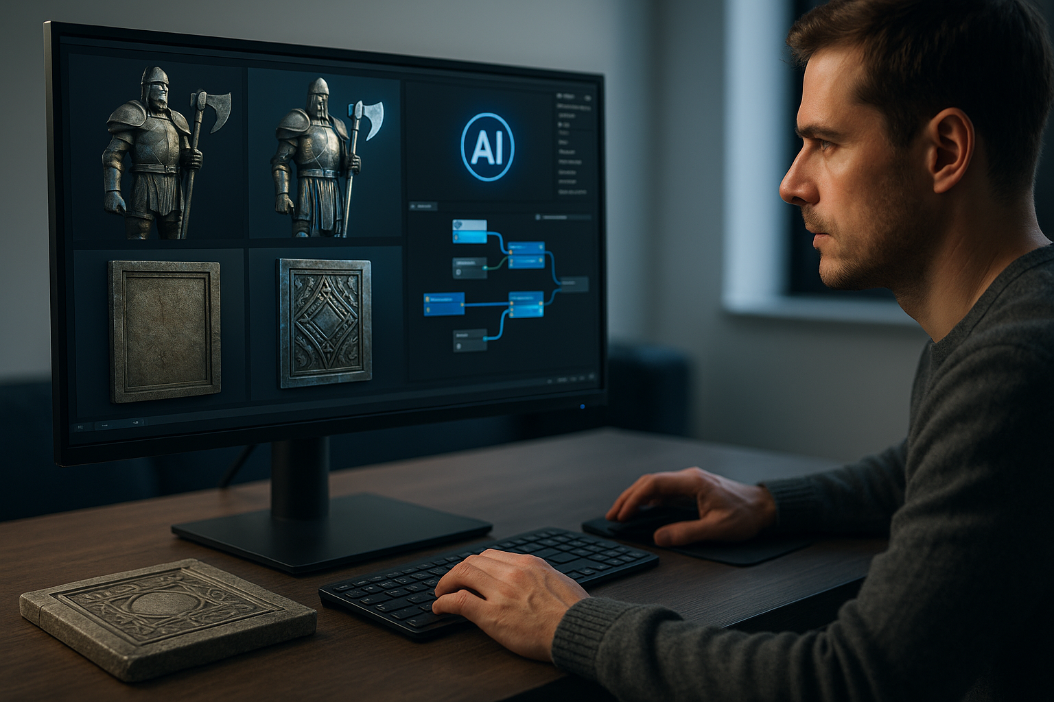 AI-driven game asset modernization example: Painkiller RTX PBR materials under full ray-traced lighting