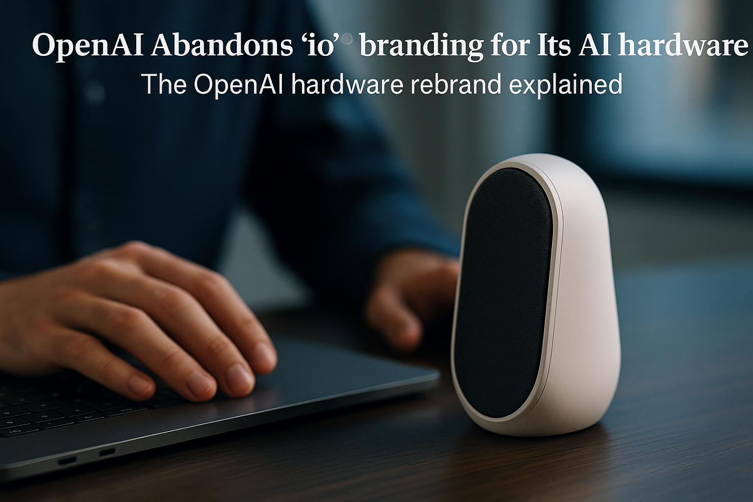 Matte-black AI gadget silhouette with a status light illustrating the OpenAI hardware rebrand and device renaming