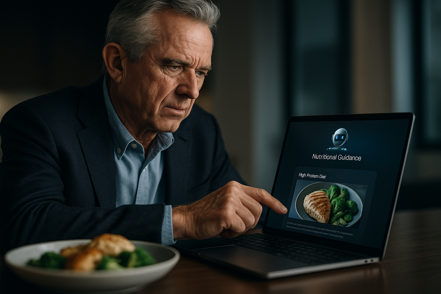 Conceptual collage showing Grok-powered nutrition guidance, federal Dietary Guidelines documents, and AI chatbot prompts