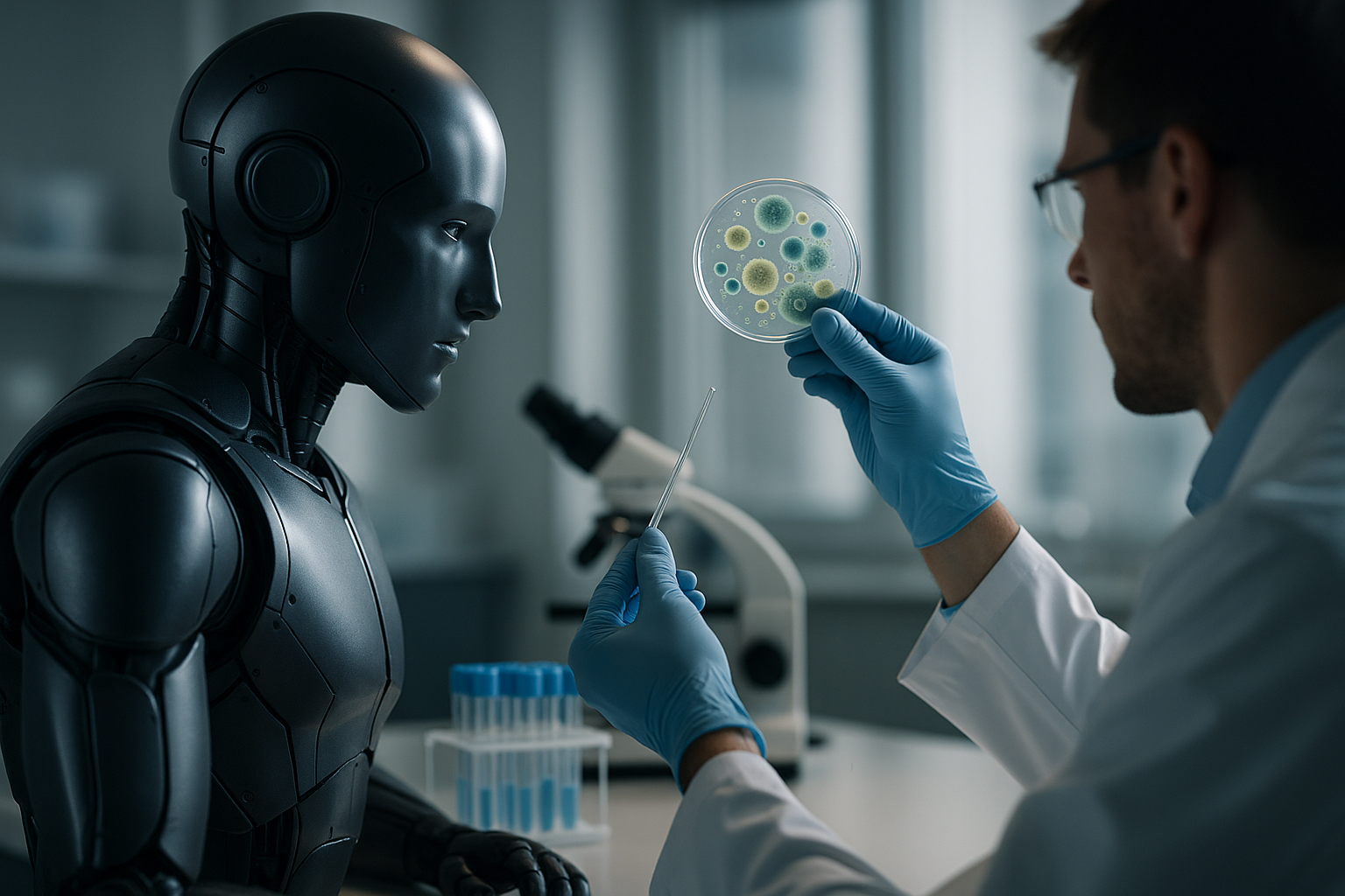 Illustration of programmable biologics for antimicrobial resistance with AI-designed minibinders and engineered microbes for targeted delivery