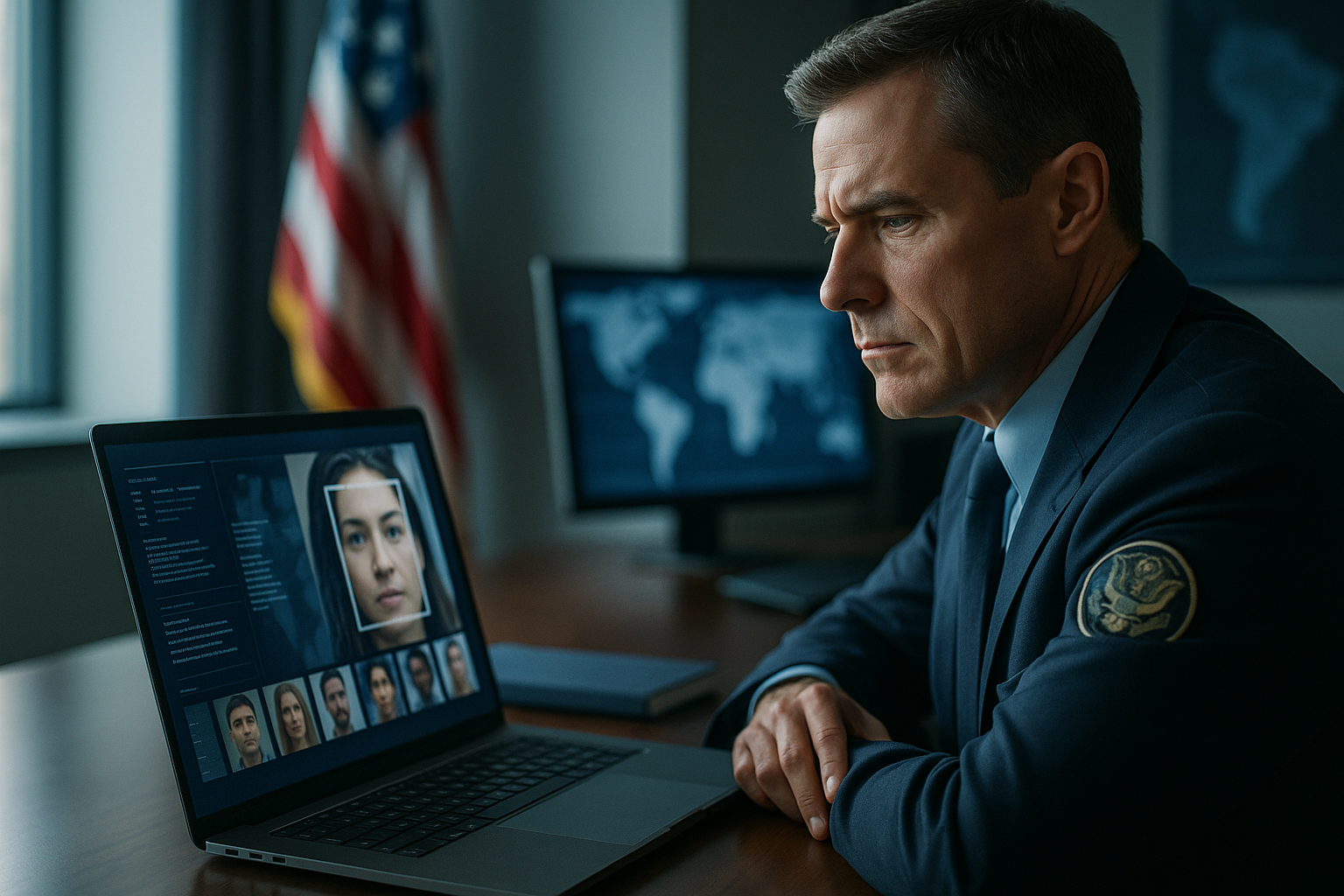 Abstract visualization of facial recognition overlays at a border crossing illustrating the CBP Clearview partnership