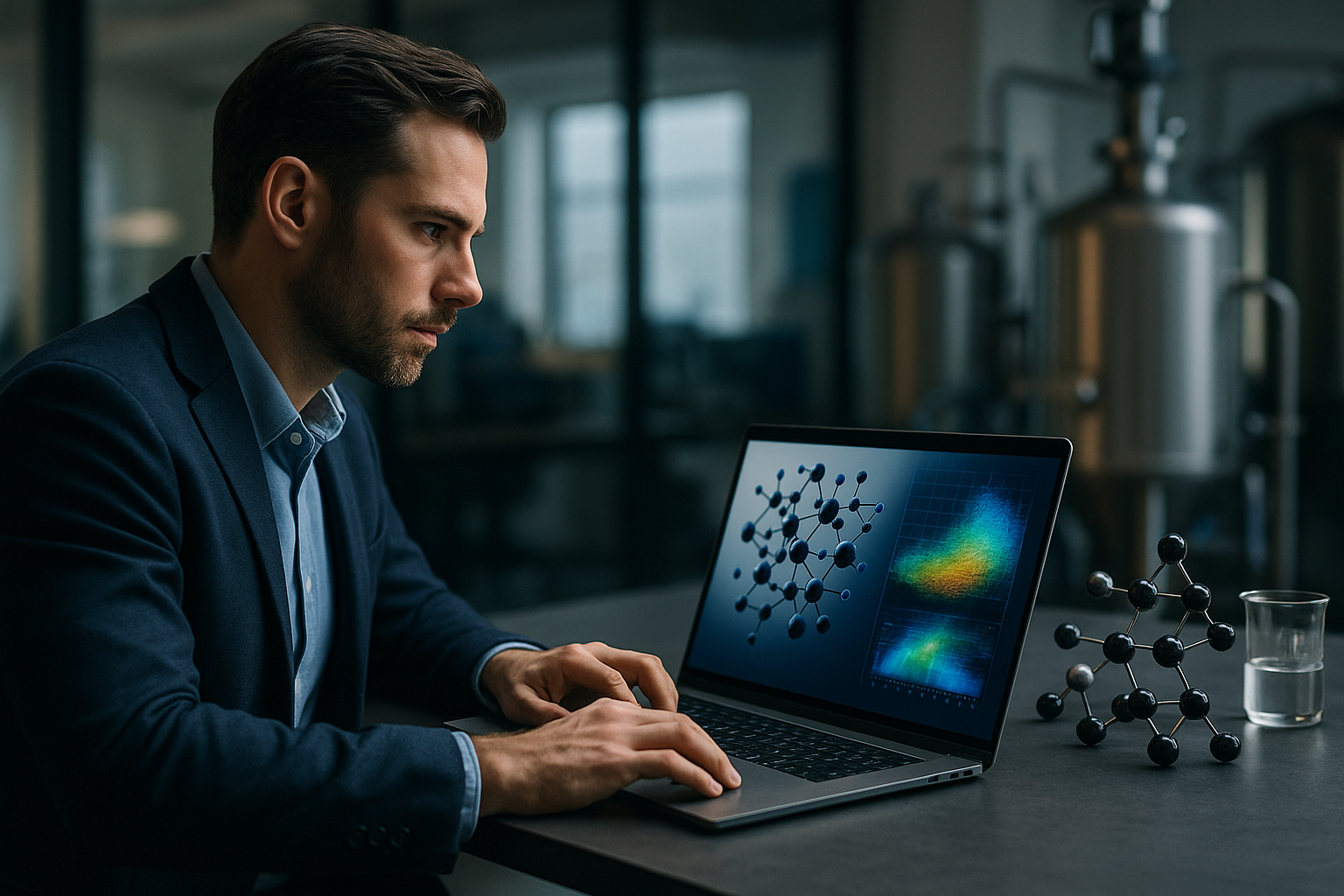 AI-augmented simulation for materials discovery visualizing atomic structures and ML predictions