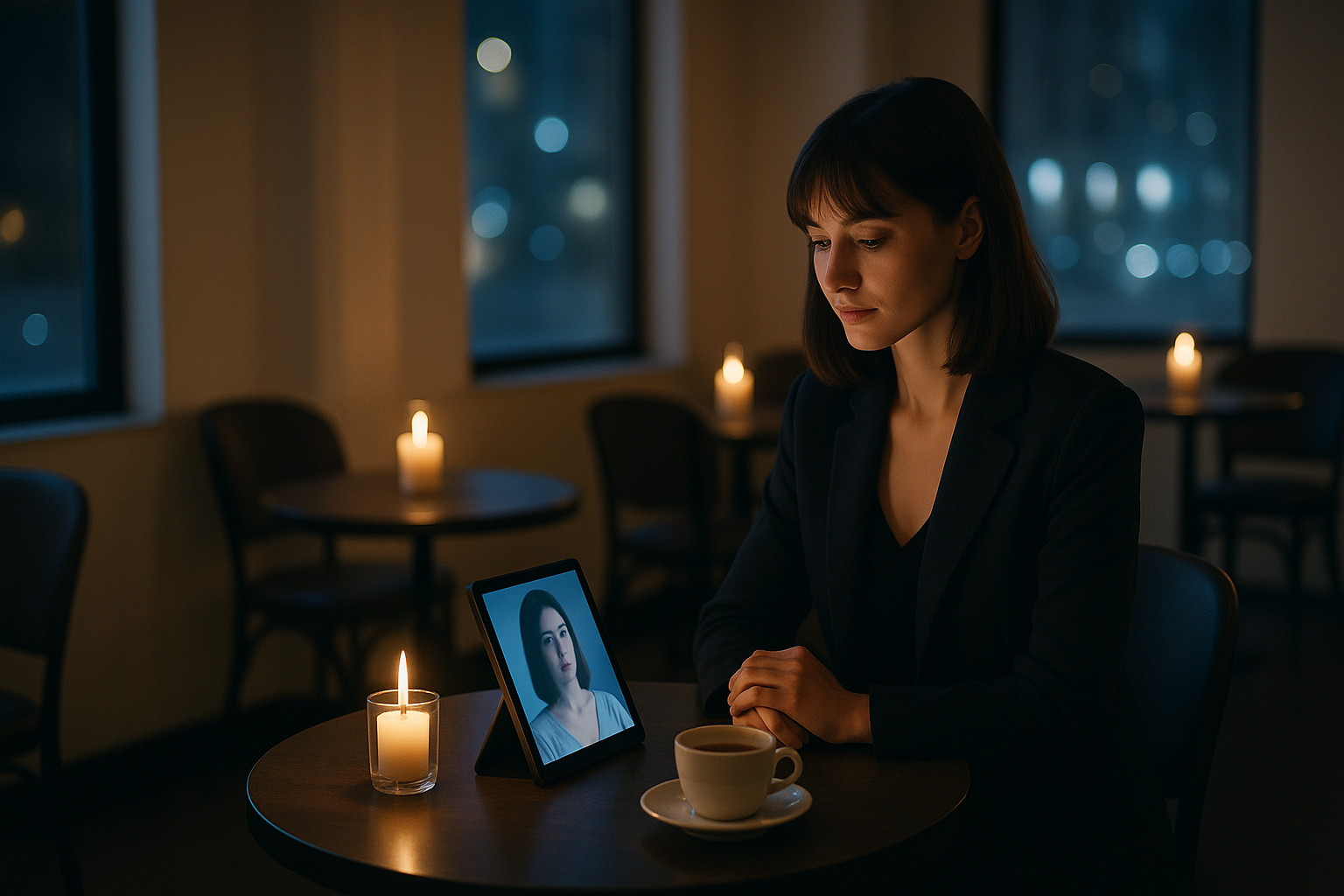 Single-seat table at EVA Café with phone showing an animated AI companion in the AI dating cafe NYC pop-up