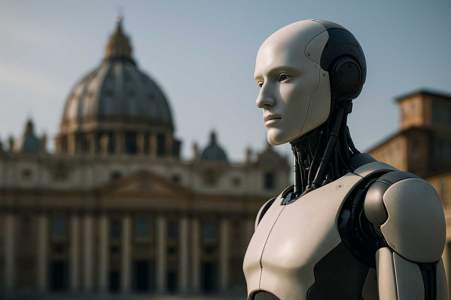 Vatican skyline over circuit-board motif illustrating Vatican AI ethics and human-centered governance