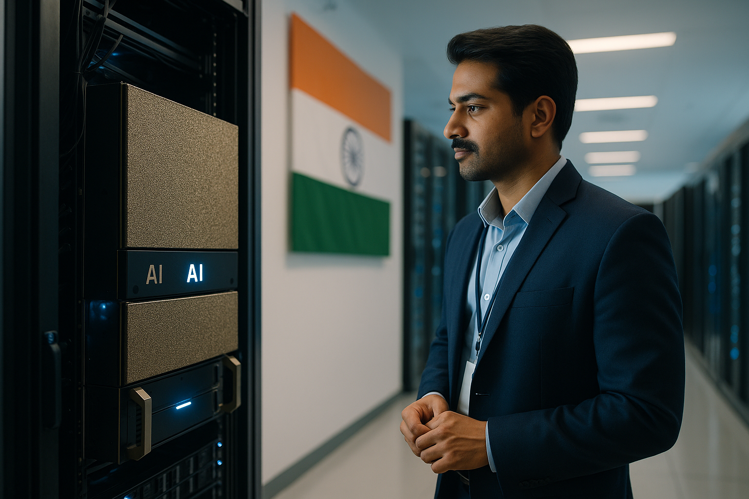 Conceptual AI data center showing NVIDIA-powered AI infrastructure in India with Blackwell GPU racks