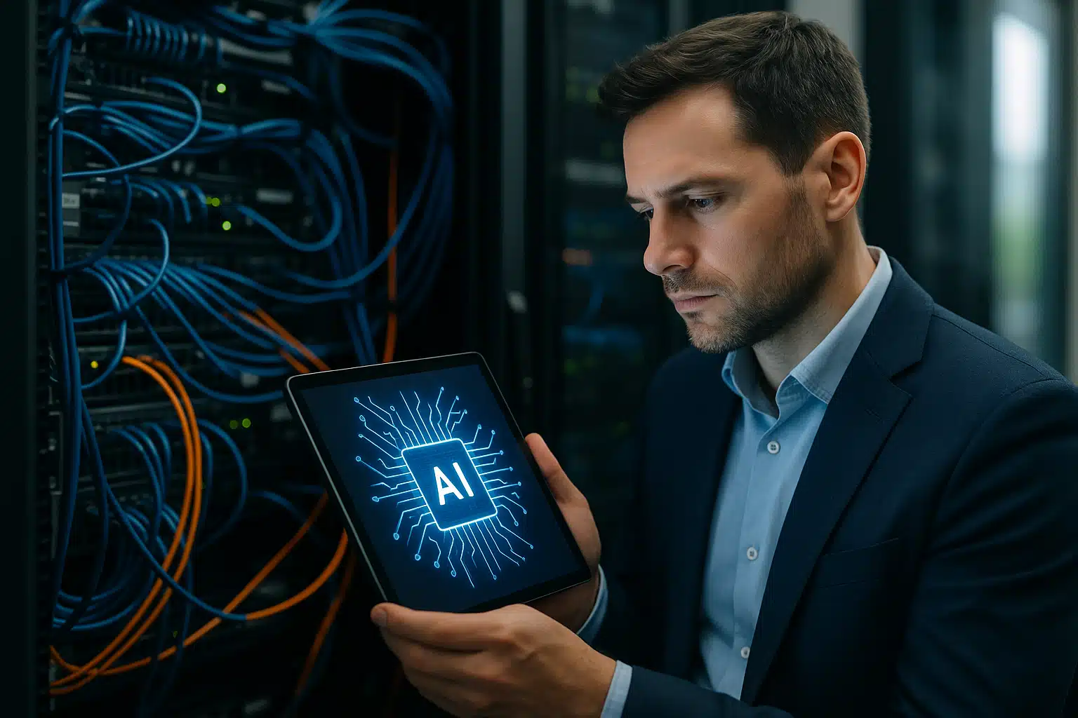 Abstract visualization of telecom networks and AI illustrating AI in telecommunications networks driving automation and ROI