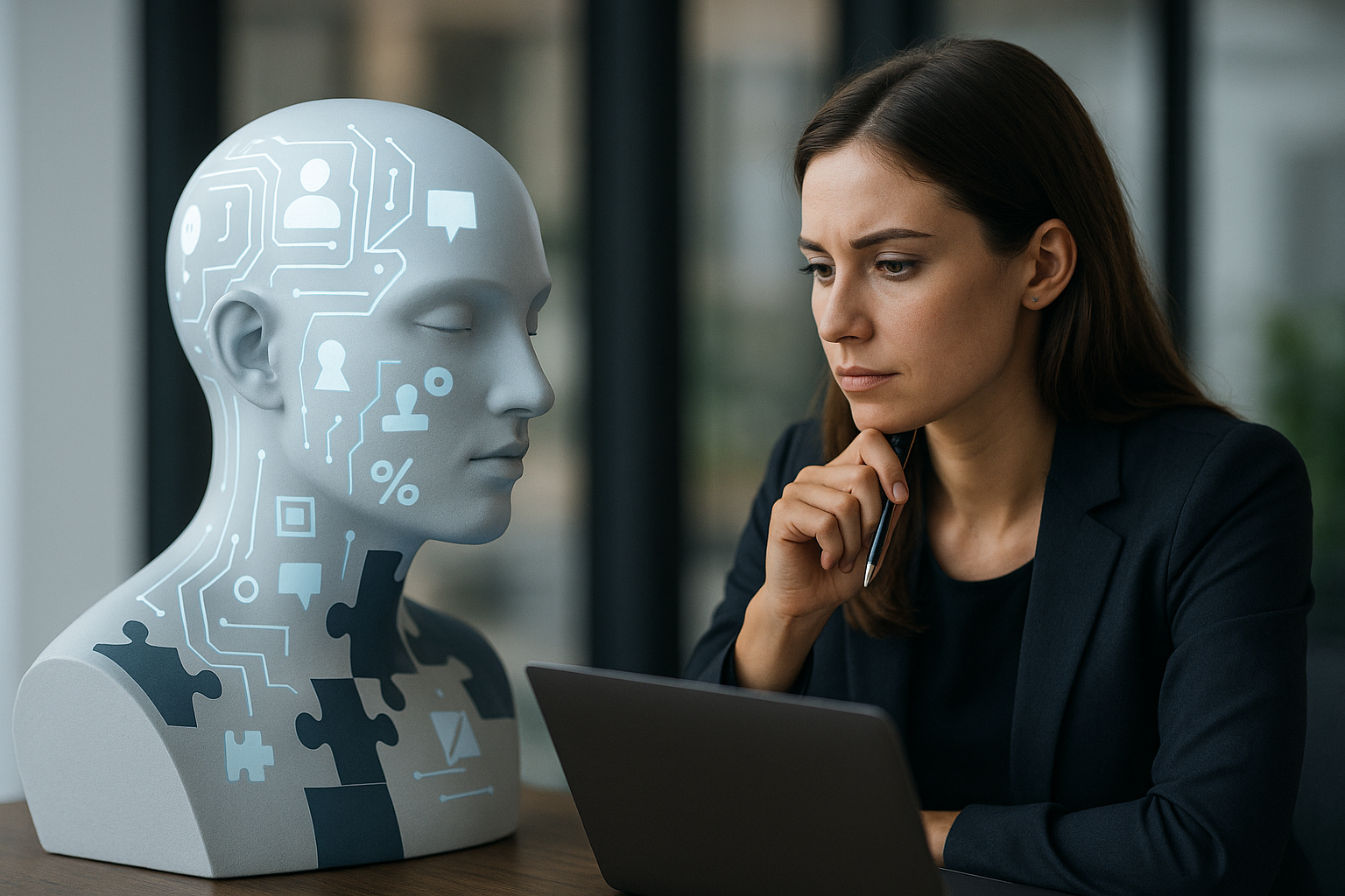 Split-screen dashboard with prompt templates, curated 50-200 examples, and review checklists to steer LLM tone and bias for consistent brand voice