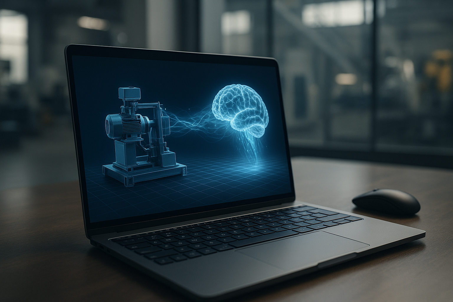 Production line overlaid with physics-based virtual twin visualizations illustrating an industrial AI platform for virtual twins