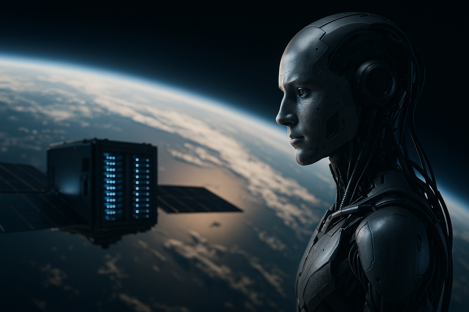 Concept rendering illustrating orbital AI data centers feasibility with satellite compute modules, large solar arrays and radiator panels in orbit