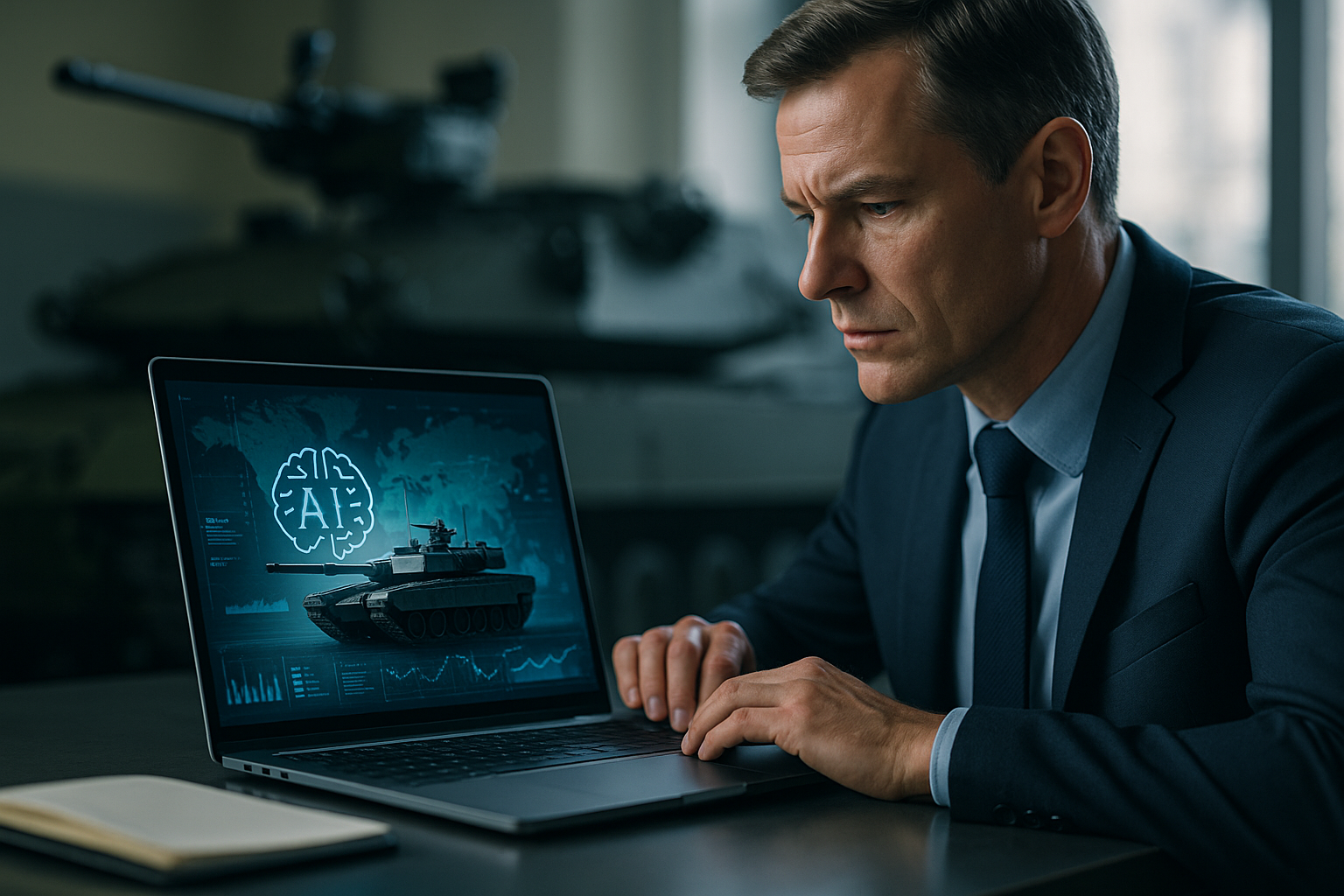 Command center dashboard with geofenced zones and AI status indicators illustrating military AI safety governance