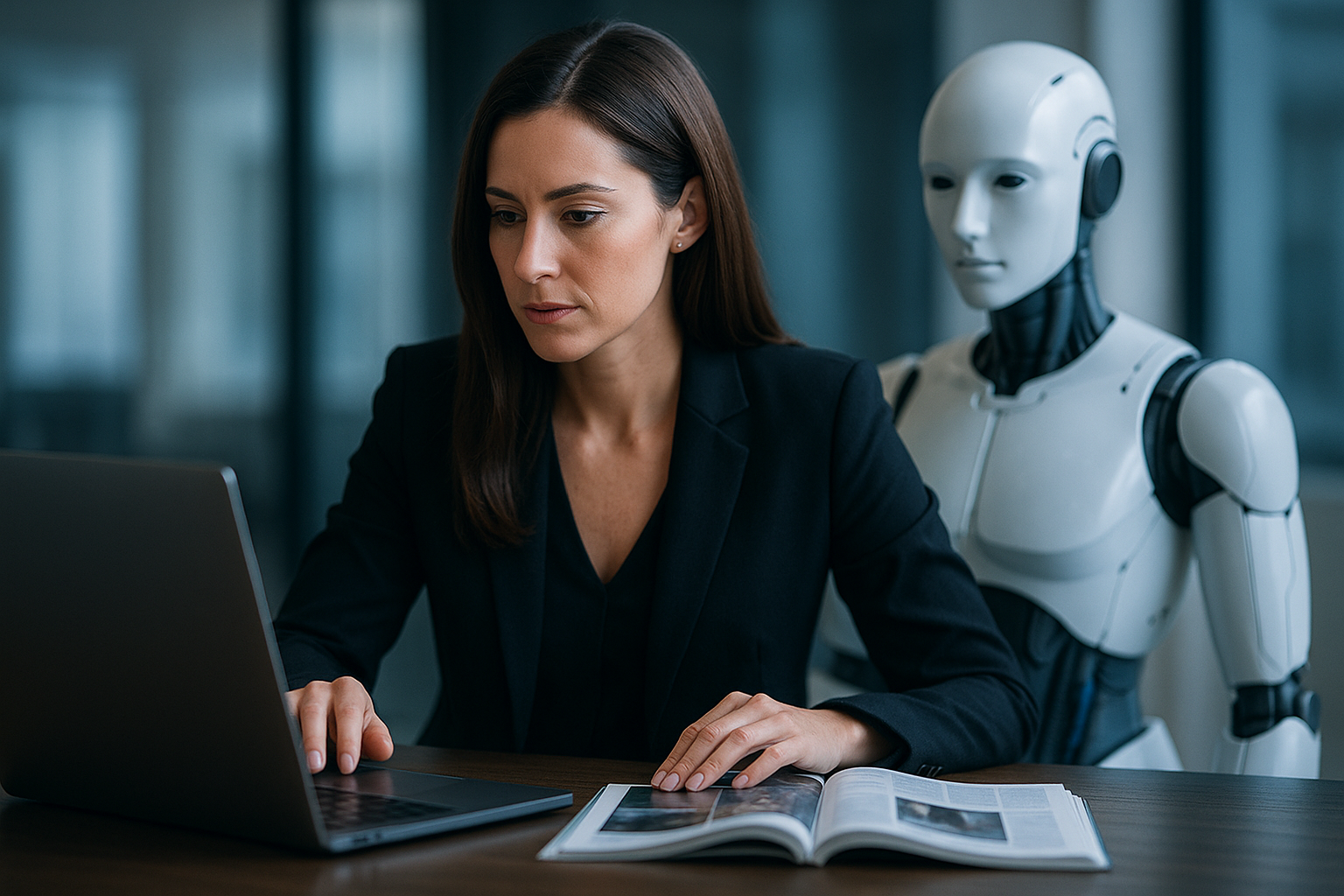 Conceptual illustration of human-centered media strategy in the AI era showing curated editorial voice and audience-first design