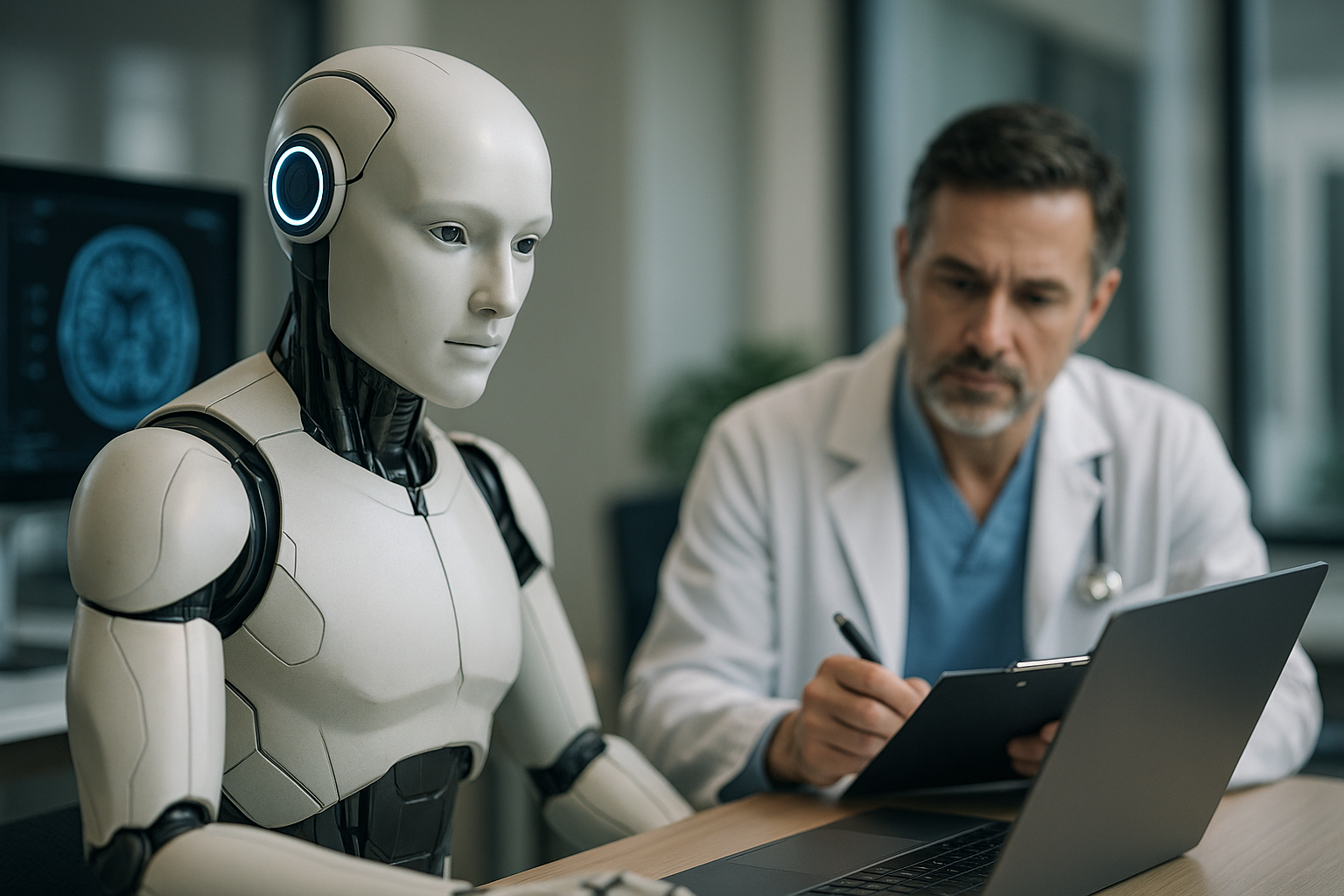 Healthcare team reviewing imaging and R&D charts illustrating AI ROI in healthcare across radiology, documentation, and drug discovery