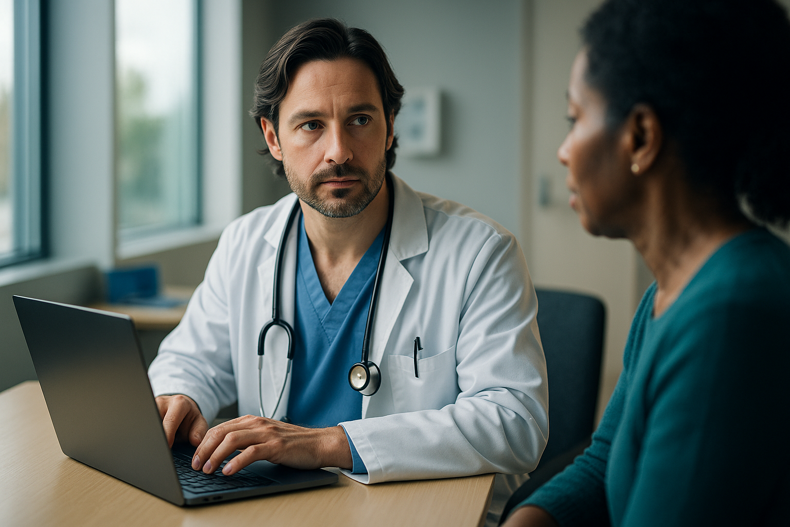 Clinician and patient during consultation with Dragon Copilot drafting notes in Epic — AI-assisted clinical documentation NHS in practice