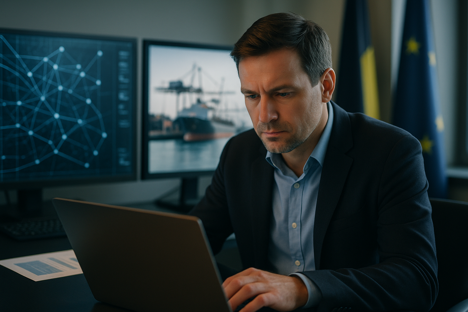 Container ship and digitized port illustrating maritime cybersecurity strategies using AI anomaly detection and maritime cyber ranges