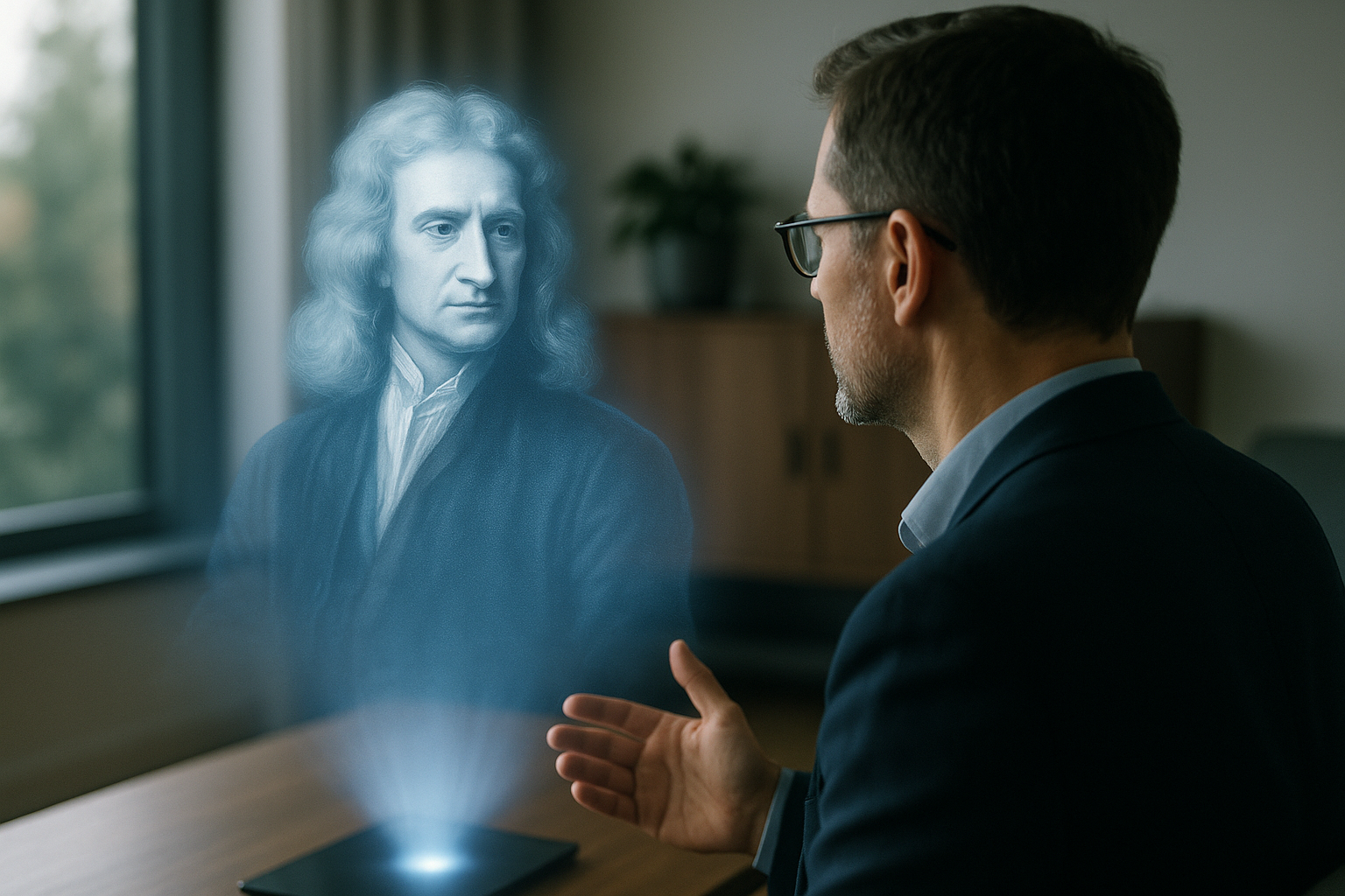 Life-sized holographic AI avatars greeting shoppers in a retail entryway