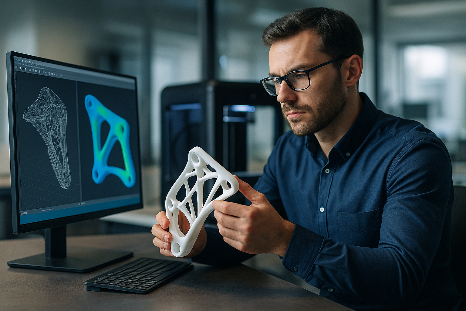 Conceptual rendering of physics-constrained generative design producing a personalized 3D-printed part