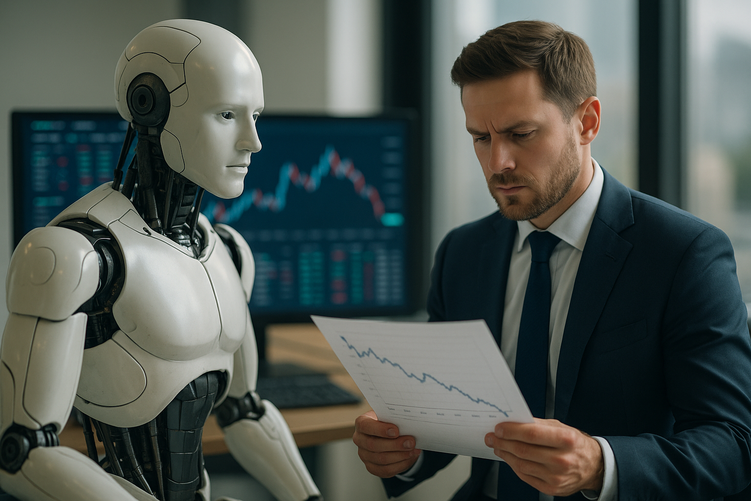 Trading floor screens showing headlines about Wall Street AI fears and market selloff