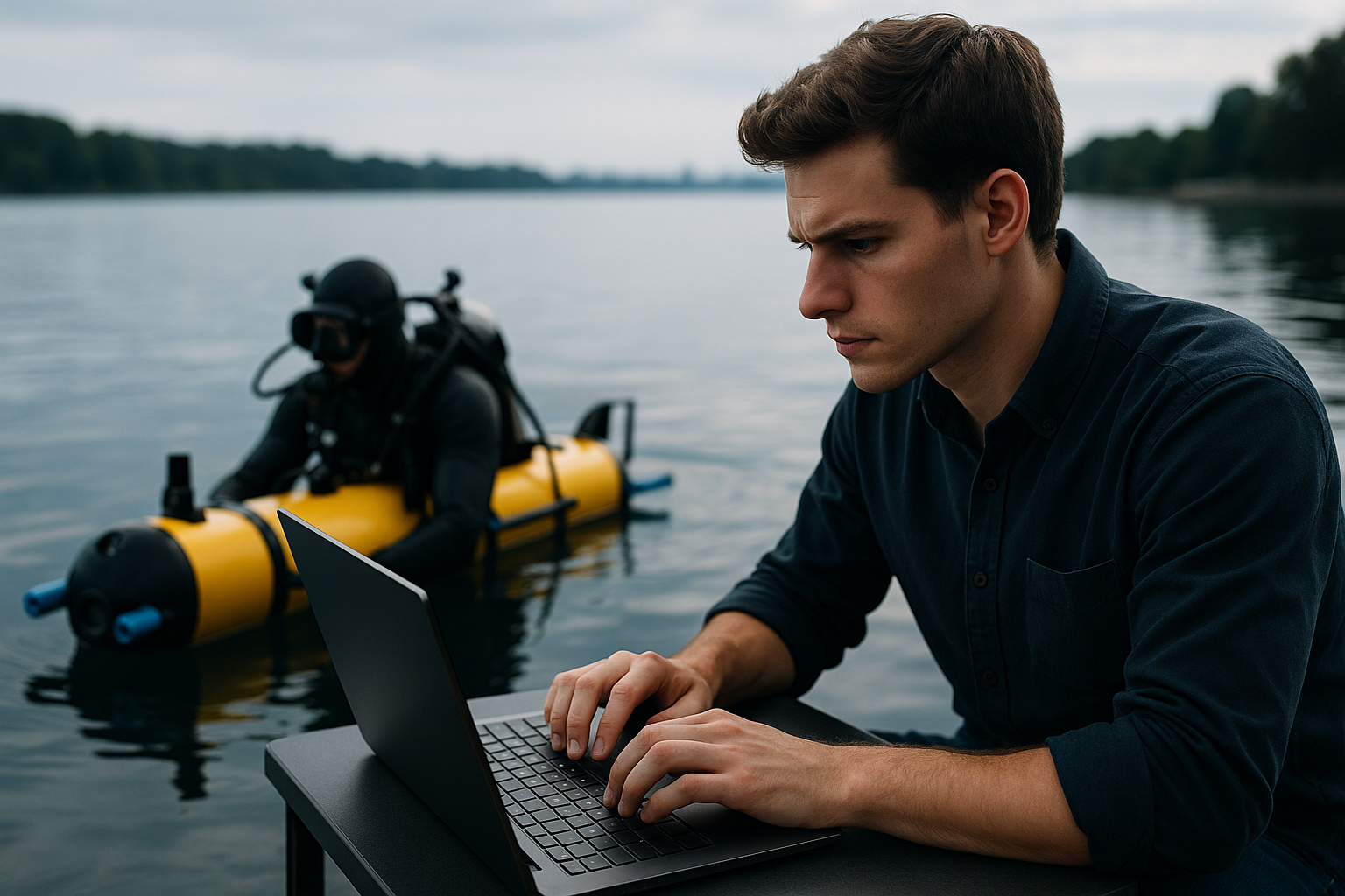 Diver and AUV during field trials demonstrating underwater navigation algorithms in GPS-denied conditions