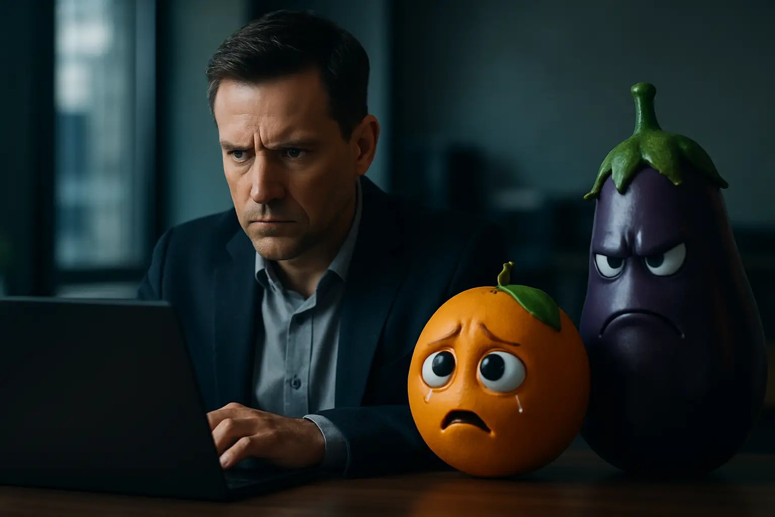 Smartphone screen showing glossy characters from AI-generated fruit videos in a dramatic cliffhanger scene