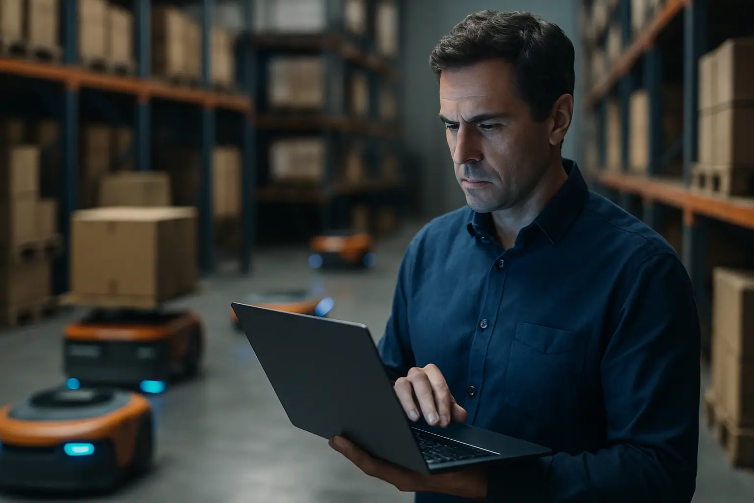 Warehouse robot traffic management AI showing AMRs prioritized and routed around chokepoints