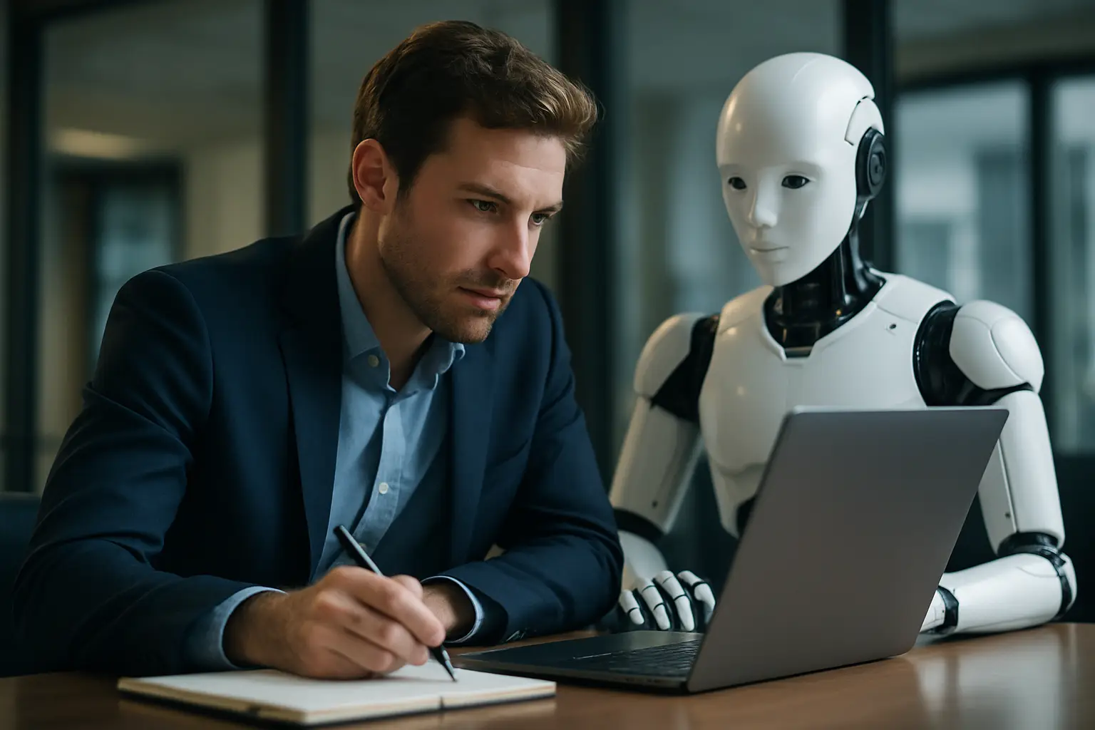 Reporter editing copy on laptop illustrating AI-assisted journalism practices in a newsroom
