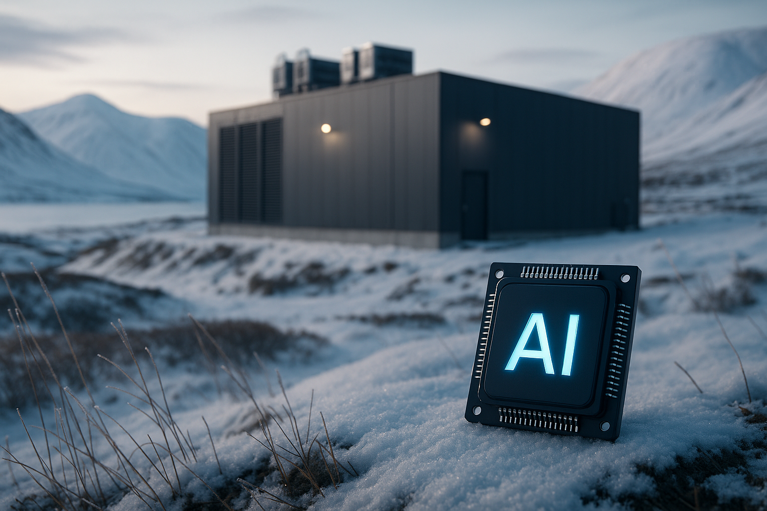 Winter view of a high-latitude site and transmission lines at the Arctic edge, showing Nordic AI data centers powered by renewables and cold-climate cooling