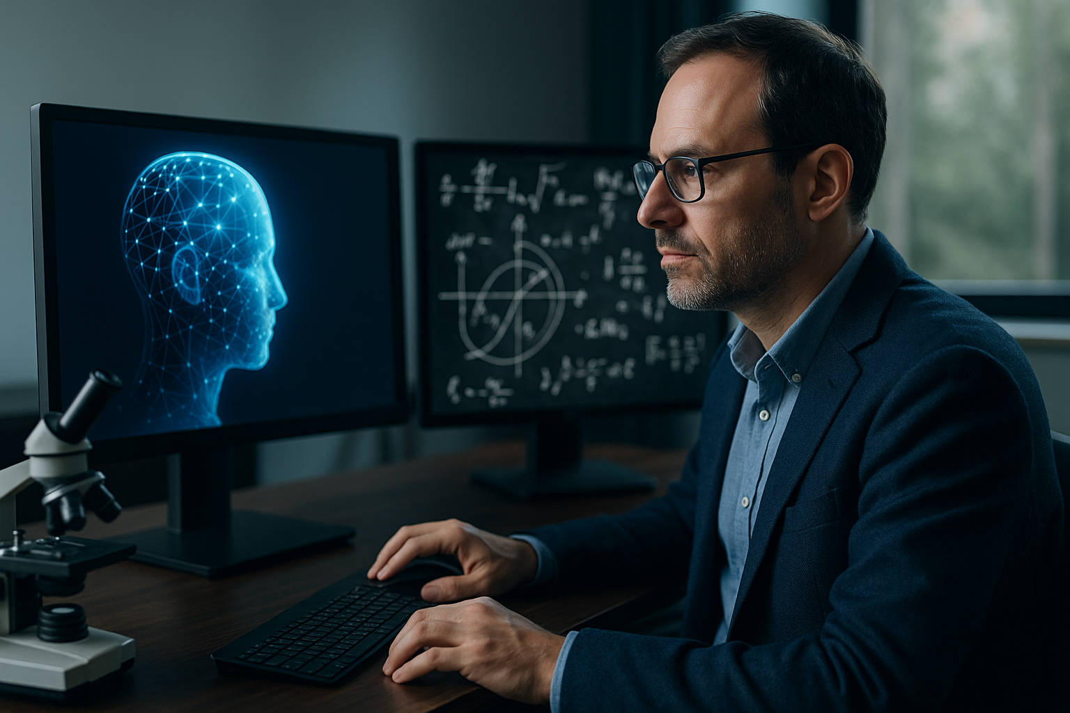 Stylized neural loss landscape with particle tracks illustrating the future of AI in physics research