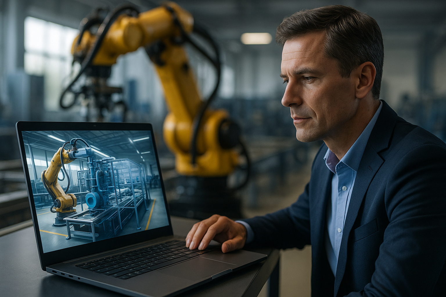 3D factory scene showing an Omniverse digital twin for manufacturing with robotic fleets and telemetry overlays